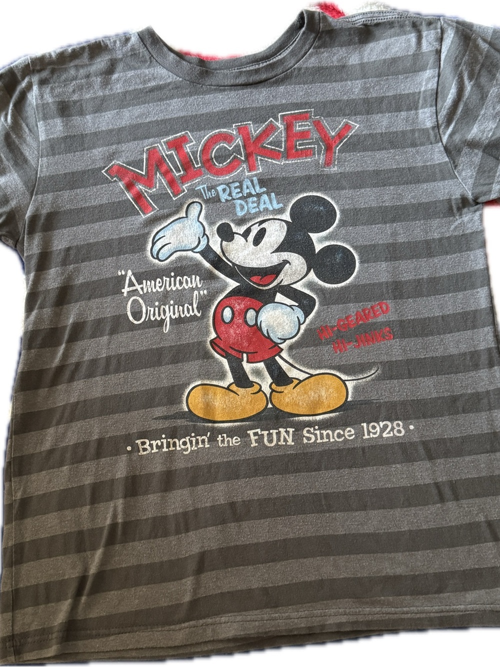 Disney Store Gray Striped Mickey Mouse Graphic Tee with Red Accent